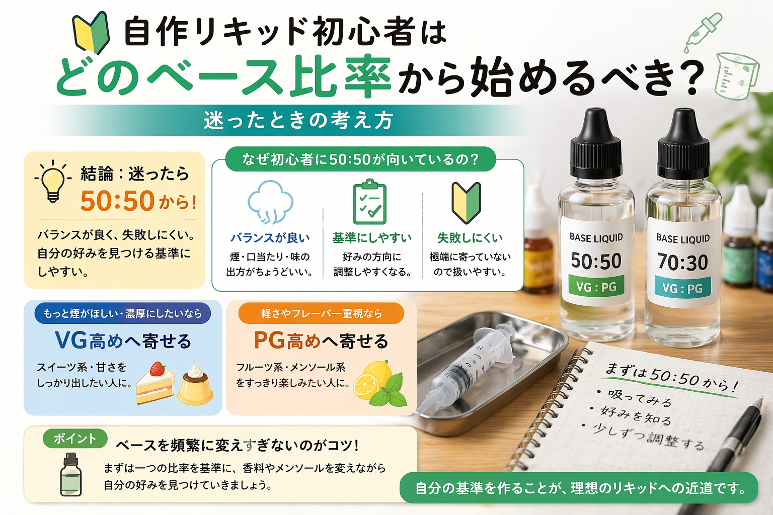 自作リキッド初心者はどのベース比率から始めるべき？迷ったときの考え方