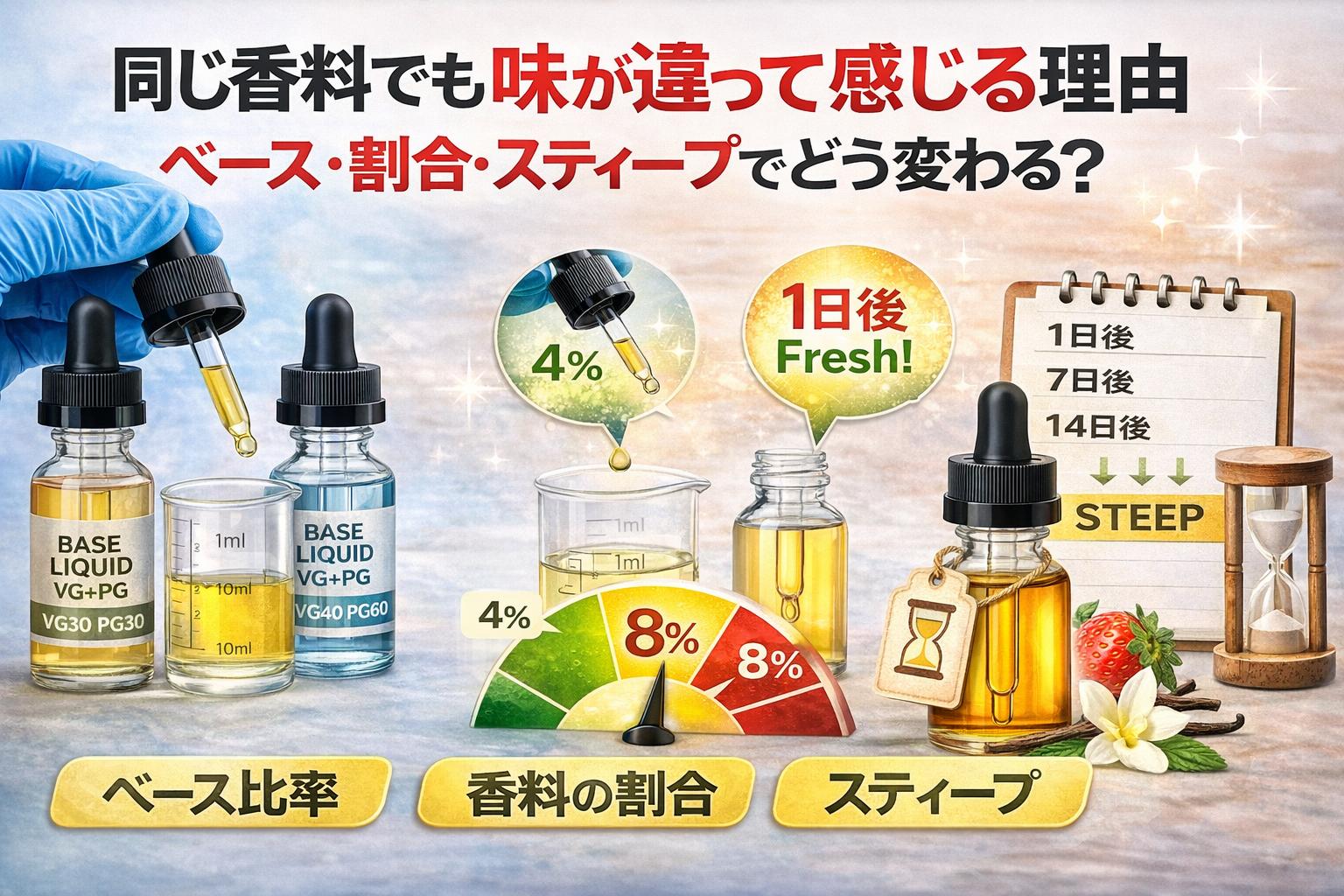 同じ香料でも味が違って感じる理由｜ベース・割合・スティープでどう変わる？