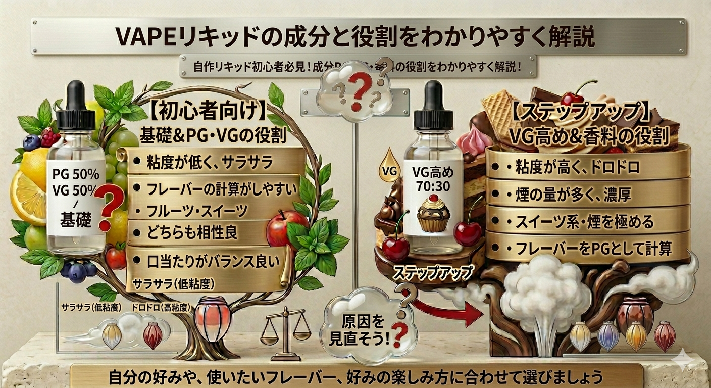 VAPEリキッドの成分とは？PG・VG・香料の役割をわかりやすく解説