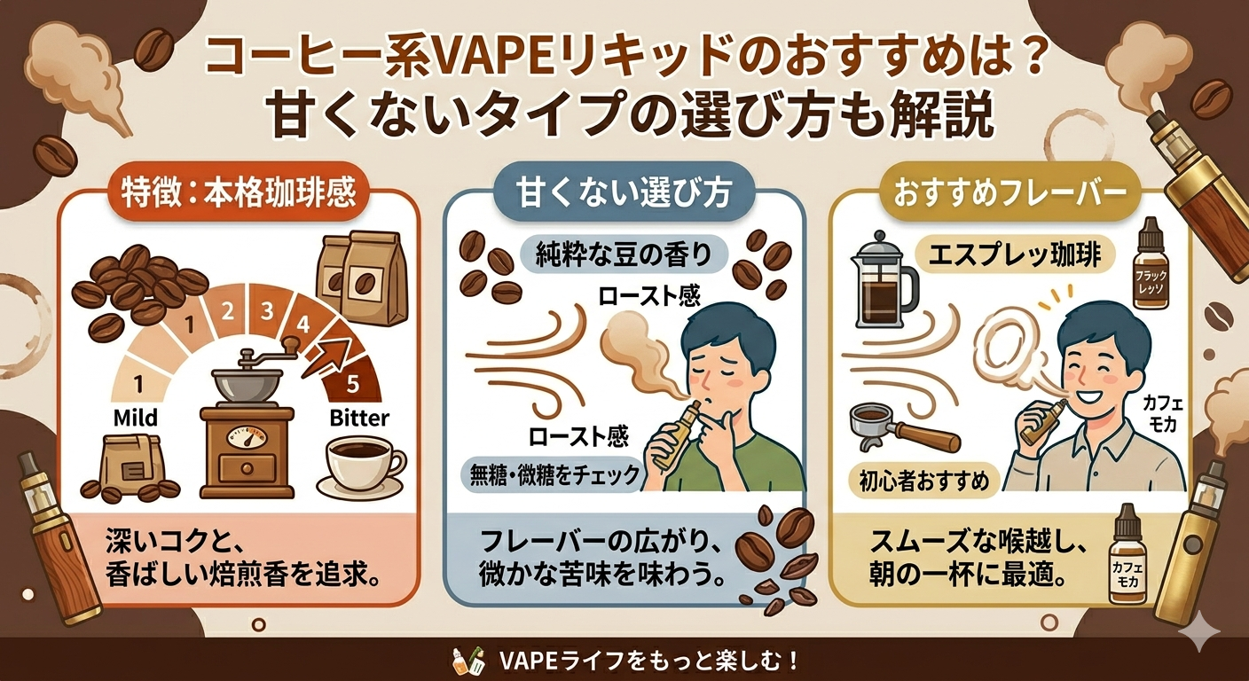 コーヒー系VAPEリキッドのおすすめは？甘くないタイプの選び方も解説