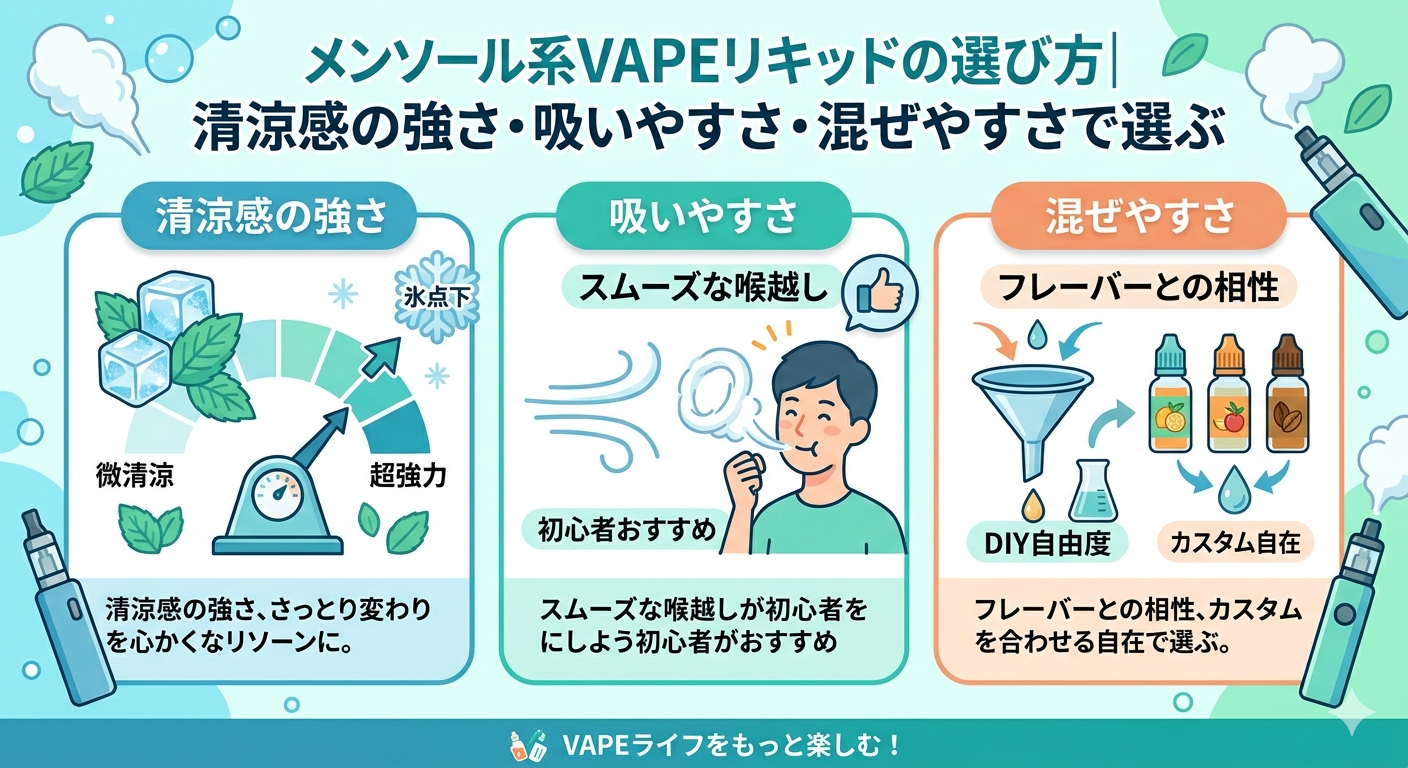 メンソール系VAPEリキッドの選び方｜清涼感の強さ・吸いやすさ・混ぜやすさで選ぶ