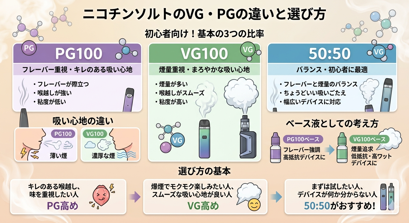 ニコチンソルトのVG・PGとは？PG100・VG100・50:50の違いを解説