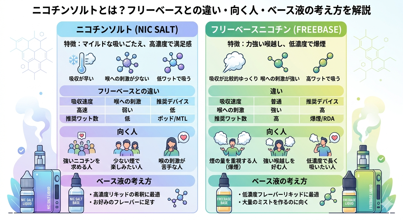 ニコチンソルトとは？フリーベースとの違い・向く人・ベース液の考え方を解説