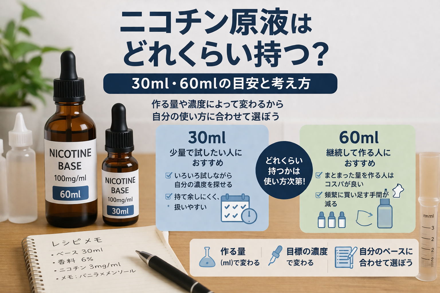 ニコチン原液はどれくらい持つ？30ml・60mlの目安と考え方